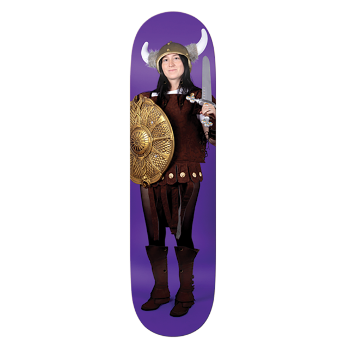 Skateboard deck with a person in Viking costume on a purple background
