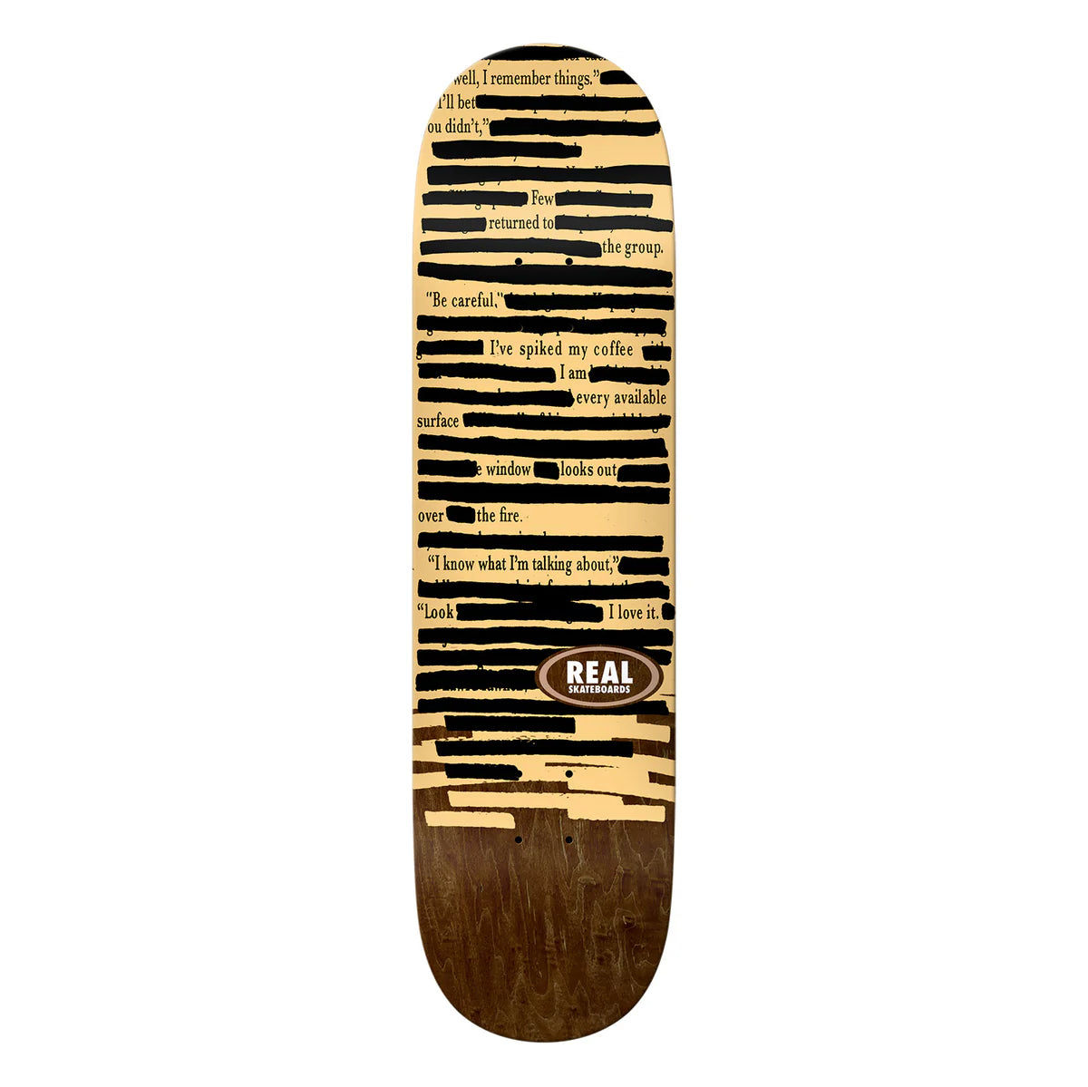 Skateboard deck with text design and Real logo on a white background