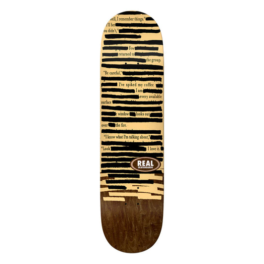 Skateboard deck with text design and Real logo on a white background