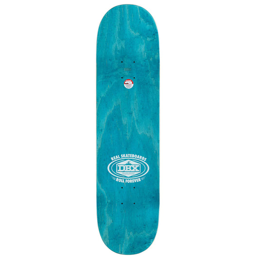 A teal blue wooden skateboard deck with a white DXC logo printed in the center, shown against a plain white background.