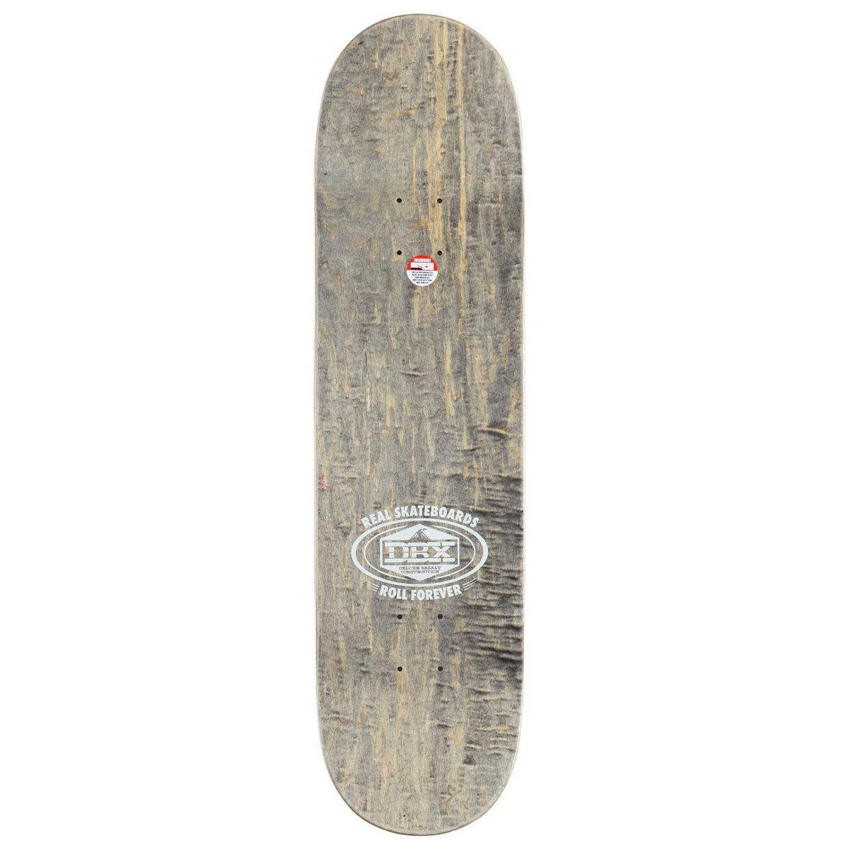 A long skateboard deck shown vertically against a plain white background. The deck has a weathered woodgrain pattern in muted gray-brown tones, with a white circular logo near the bottom that reads 'Real Skateboards Roll Forever' and a small red-and-white sticker near the top.