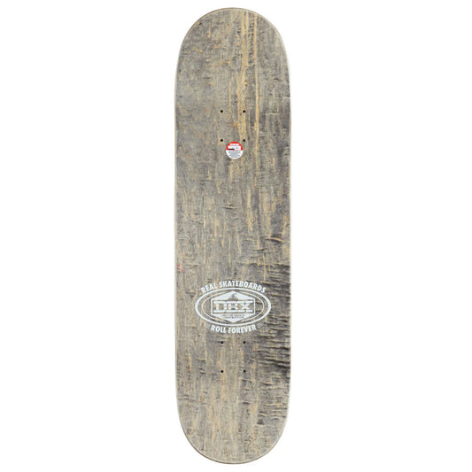 A long skateboard deck shown vertically against a plain white background. The deck has a weathered woodgrain pattern in muted gray-brown tones, with a white circular logo near the bottom that reads 'Real Skateboards Roll Forever' and a small red-and-white sticker near the top.