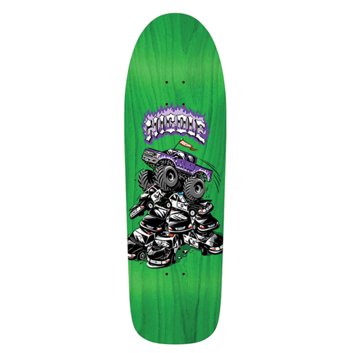 Green skateboard deck with a graphic design on a white background