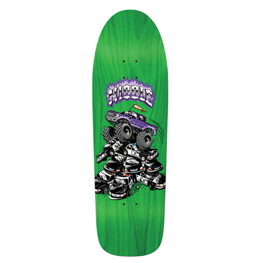Green skateboard deck with a graphic design on a white background