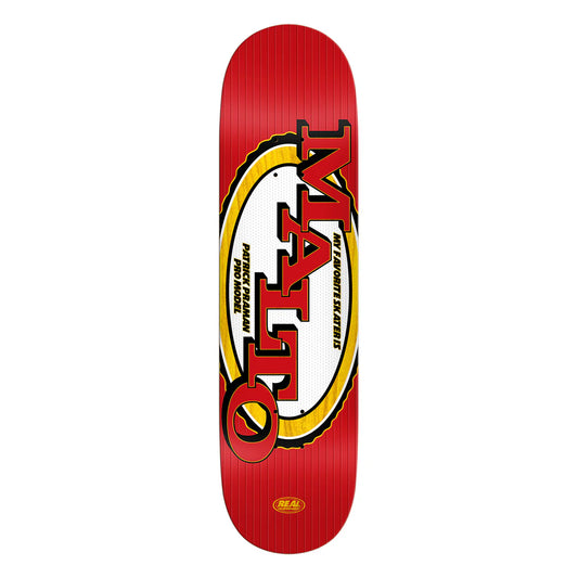 Red skateboard deck with a logo design on a white background
