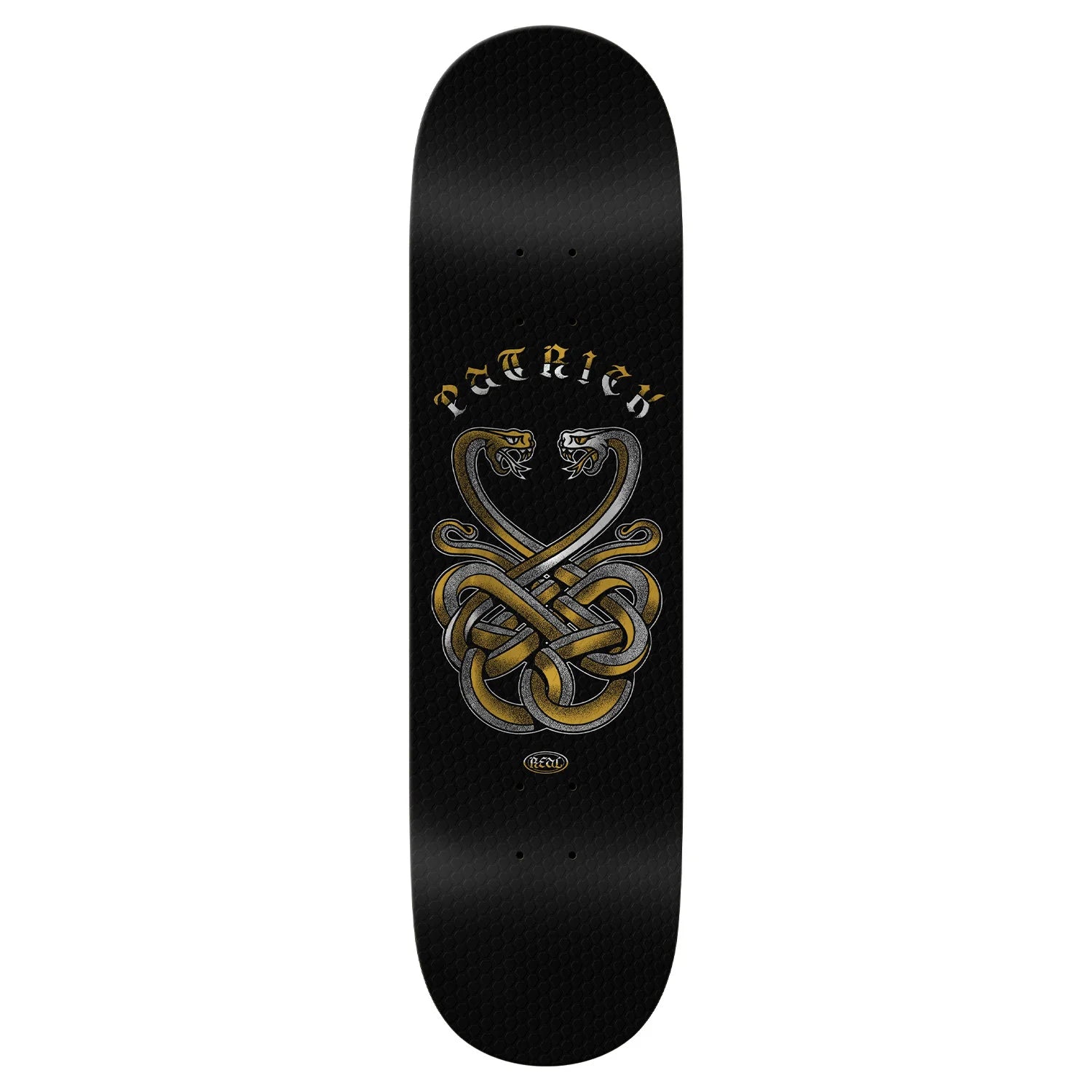 Black skateboard deck with Celtic knot design and 'Patrick' branding on a white background