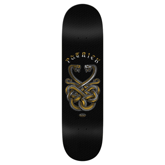 Black skateboard deck with Celtic knot design and 'Patrick' branding on a white background