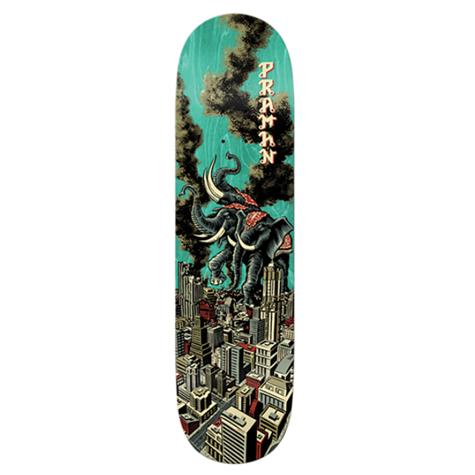 Skateboard deck with a cityscape design and 'Patrick Praman' on a white background