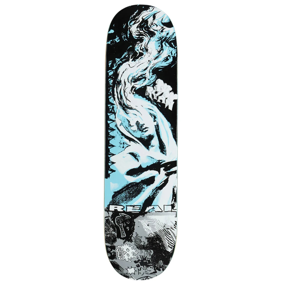 A skateboard deck shown vertically against a plain white background, featuring a graphic design with a black and white illustrated face and light blue accents.