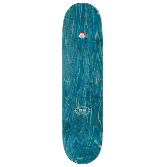 A teal blue wooden skateboard deck with natural wood grain patterns and a visible 'REAL' brand logo near the bottom, shown against a plain white background.