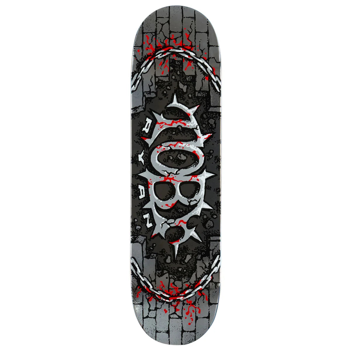 A skateboard deck featuring a distressed gray brick wall graphic with a central thorny skull design and red splatter accents, shown against a plain white background.