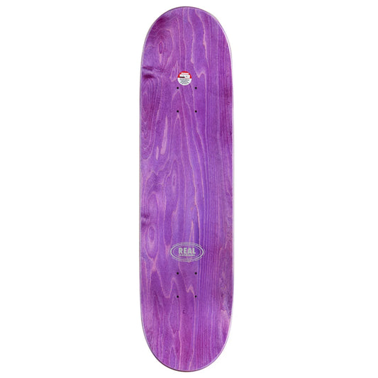 A purple wood-grain skateboard deck with a visible 'REAL' brand logo near the center, shown vertically against a plain white background.