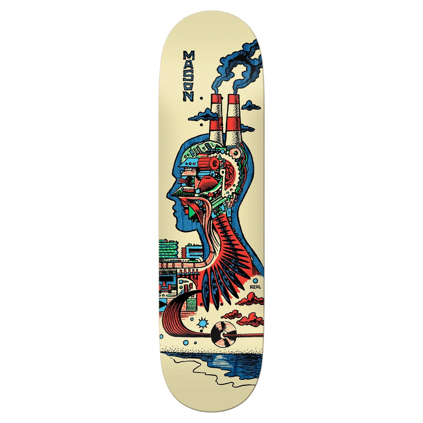 Skateboard deck with a colorful abstract design on a beige background