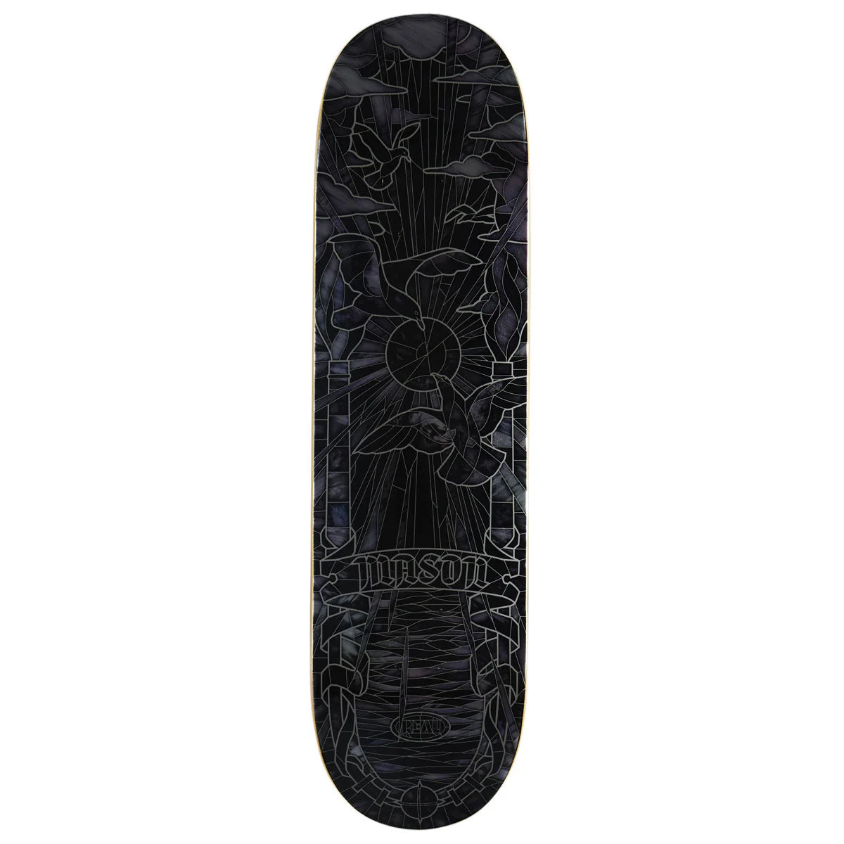 A skateboard deck with a dark, gothic stained-glass style graphic design featuring birds, floral motifs, and the brand name 'MASON' on a plain white background.