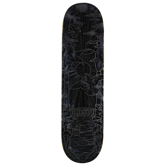 A skateboard deck with a dark, gothic stained-glass style graphic design featuring birds, floral motifs, and the brand name 'MASON' on a plain white background.