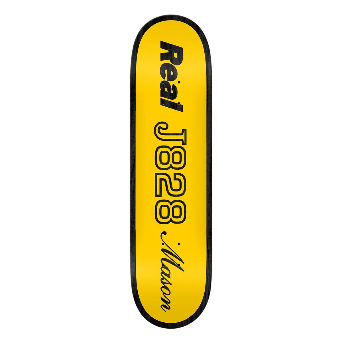 Yellow skateboard deck with black text on a white background