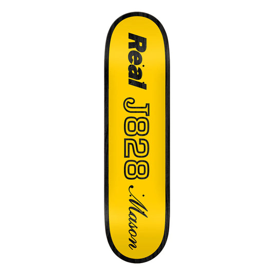 Yellow skateboard deck with black text on a white background