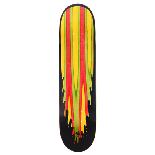 Skateboard deck with a colorful design on a white background