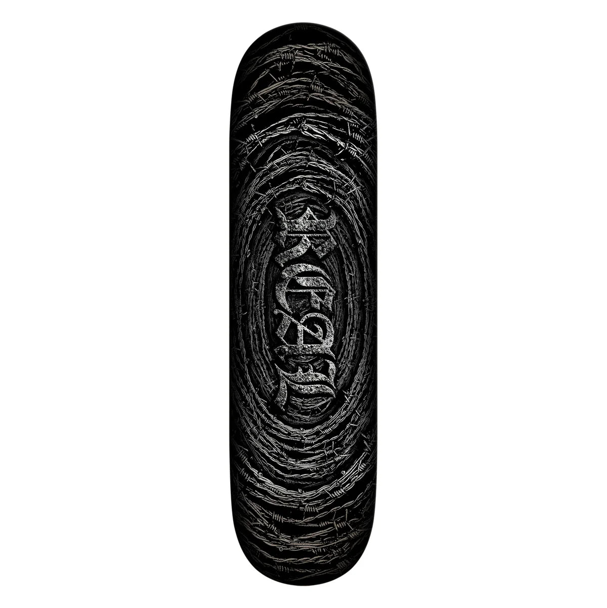 A skateboard deck shown vertically against a plain white background, featuring a black graphic design with a stylized central logo and swirling textured lines.