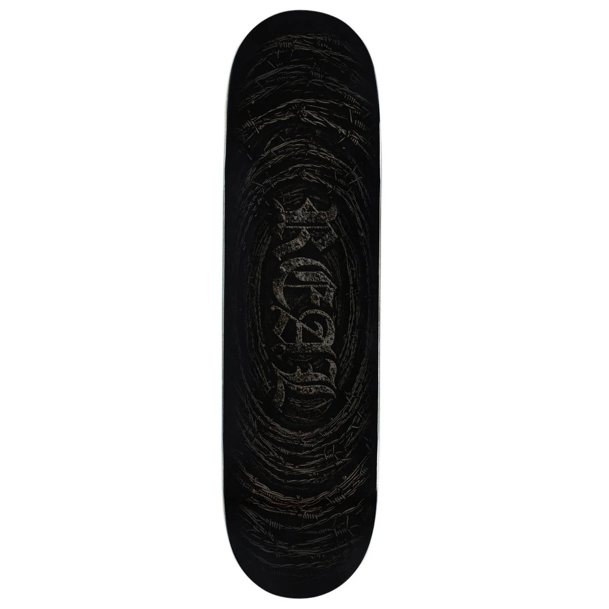 A skateboard deck with a black background and a distressed, textured circular graphic in the center featuring the brand name 'KAVU' in a stylized font.