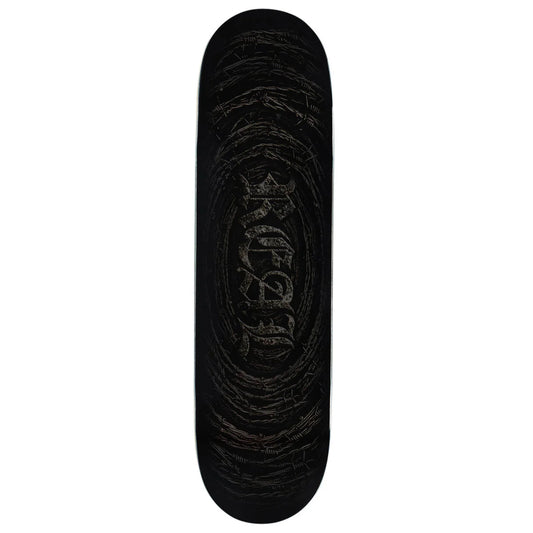 A skateboard deck with a black background and a distressed, textured circular graphic in the center featuring the brand name 'KAVU' in a stylized font.