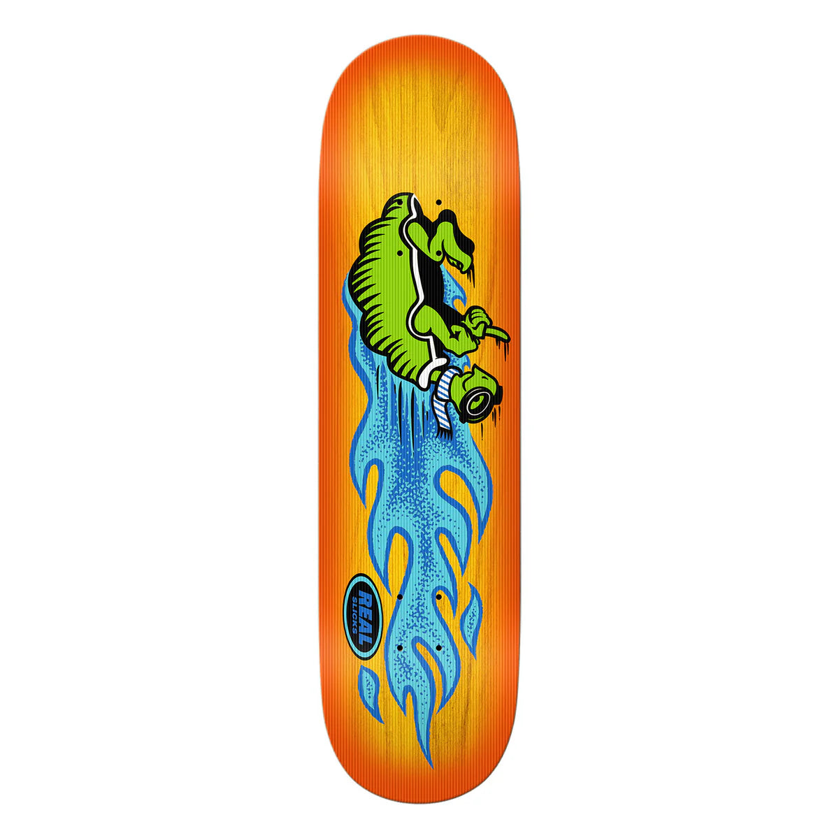 Skateboard deck with a green dinosaur design on an orange and yellow background