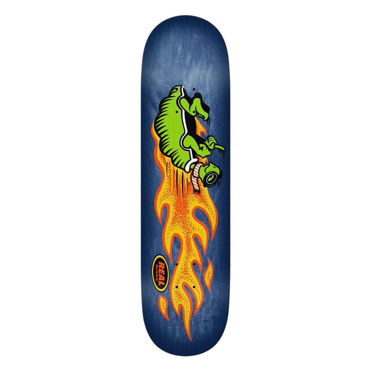 Skateboard deck with a green dinosaur on flames design and 'Real' logo.