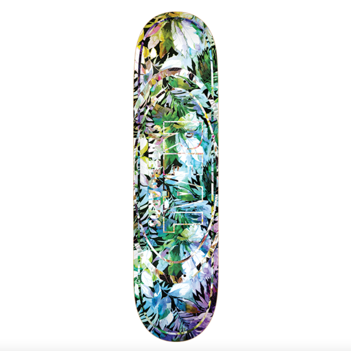 Skateboard deck with a colorful leaf pattern on a white background