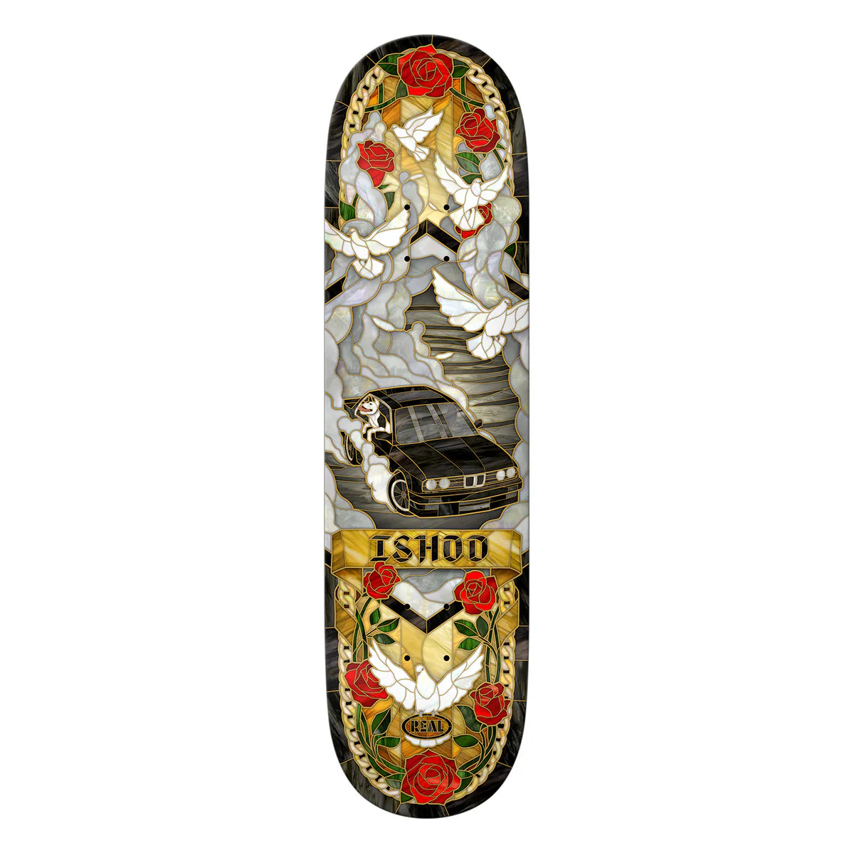 Skateboard deck with artistic design featuring roses, butterflies, and a car, branded 'Ishod'.