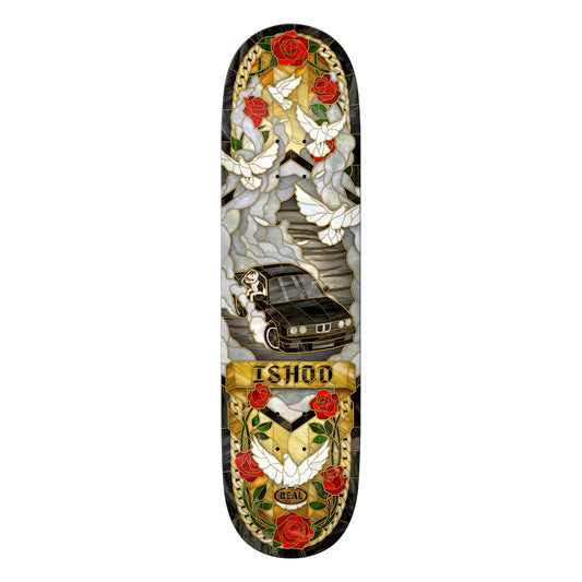 Skateboard deck with artistic design featuring roses, butterflies, and a car, branded 'Ishod'.