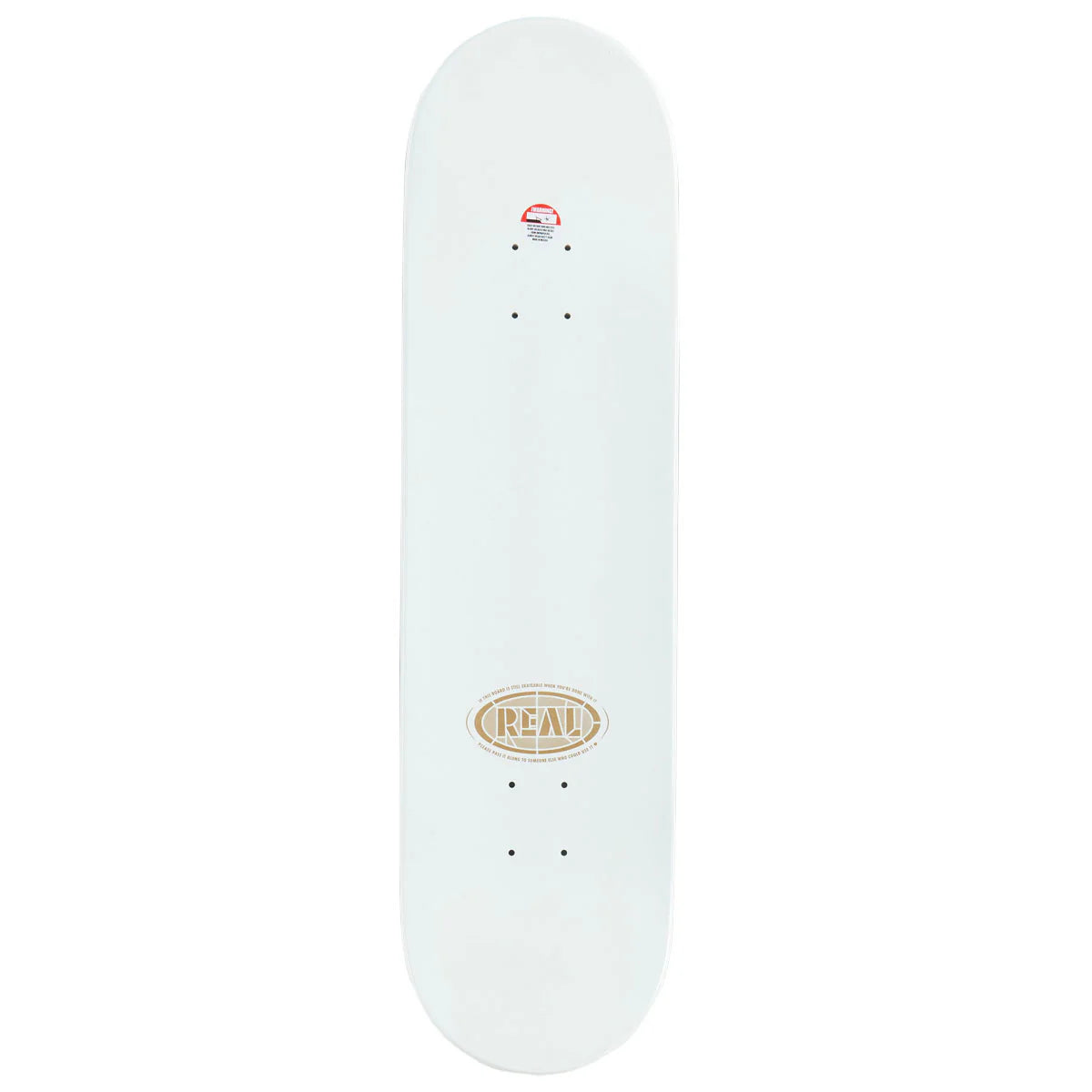 A white skateboard deck with a gold oval 'REAL' logo in the center and a small red and blue logo near the tail, shown against a plain white background.