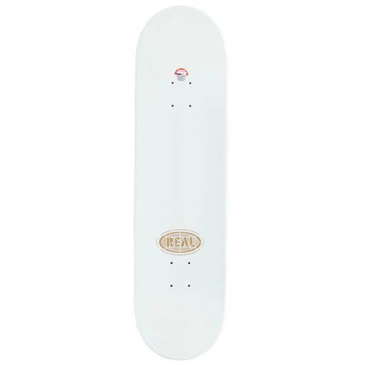 A white skateboard deck with a gold oval 'REAL' logo in the center and a small red and blue logo near the tail, shown against a plain white background.