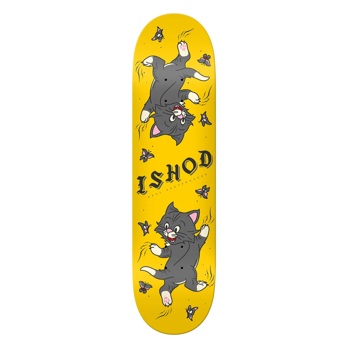 A yellow skateboard deck featuring cartoon cats and the brand name 'ISHOD' printed on a white background.