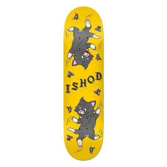 A yellow skateboard deck featuring cartoon cats and the brand name 'ISHOD' printed on a white background.