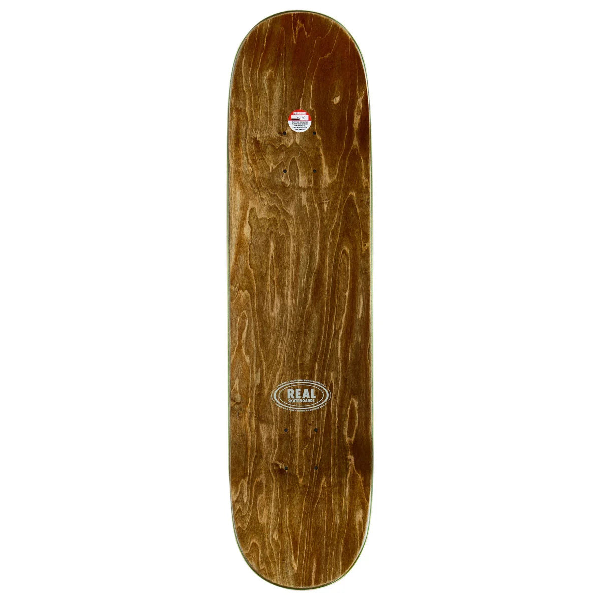 A wooden skateboard deck with a natural brown wood grain finish, featuring a 'REAL' brand logo sticker near the center and a smaller sticker near the nose, shown against a plain white background.