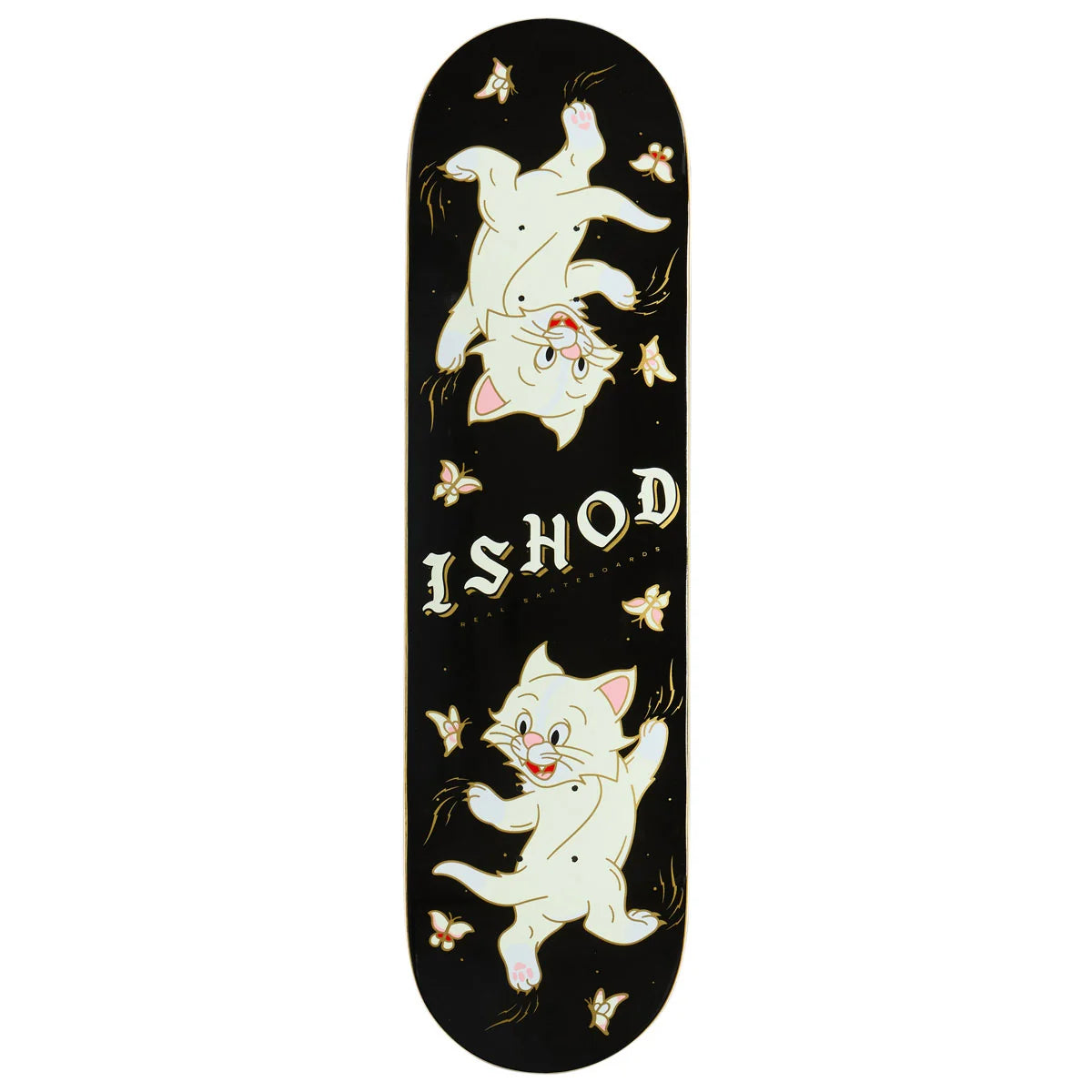 A skateboard deck featuring a black background decorated with two cartoon kittens, small butterflies, and the brand name 'ISHOD' in stylized lettering.