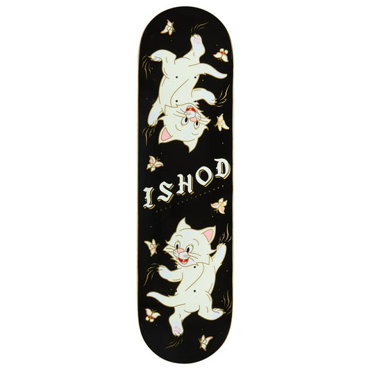 A skateboard deck featuring a black background decorated with two cartoon kittens, small butterflies, and the brand name 'ISHOD' in stylized lettering.