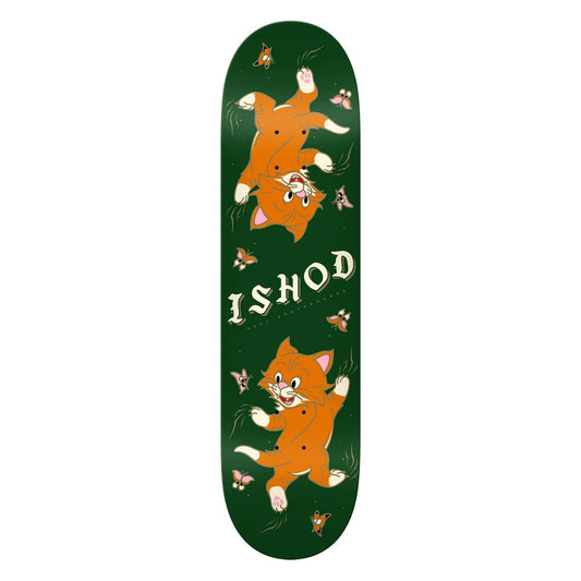 A skateboard deck featuring a dark green background with two cartoon orange kittens, small butterflies, and the text 'ISHOD' in a stylized cream font.