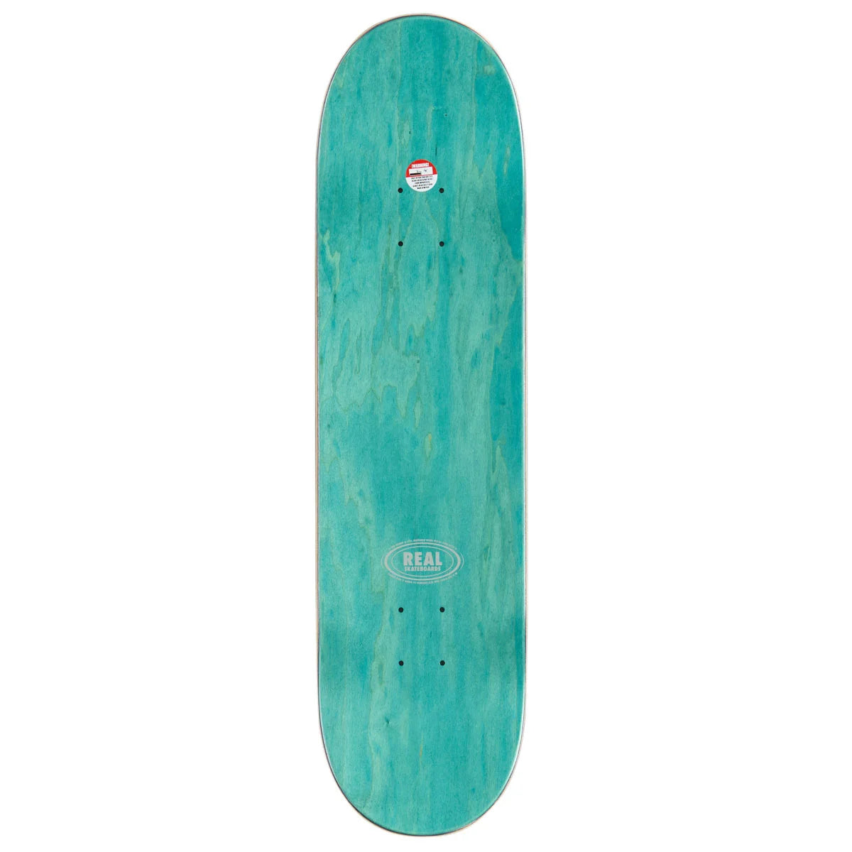 A teal turquoise skateboard deck with a natural wood grain pattern, featuring the 'REAL' brand logo near the bottom center, shown against a plain white background.