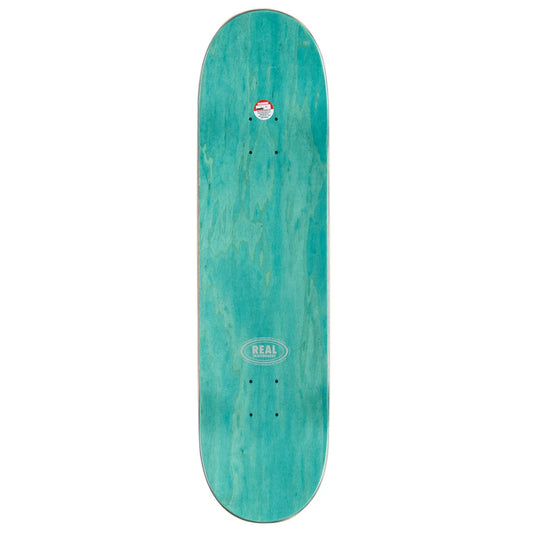 A teal turquoise skateboard deck with a natural wood grain pattern, featuring the 'REAL' brand logo near the bottom center, shown against a plain white background.