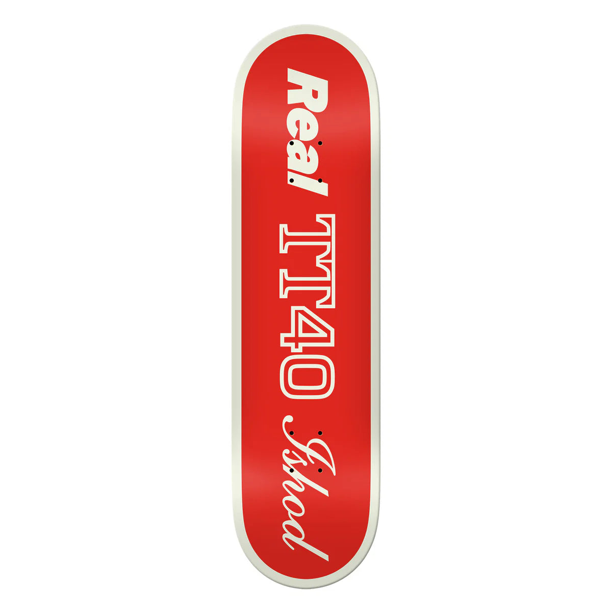 Red skateboard deck with white text on a white background
