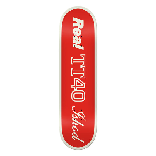 Red skateboard deck with white text on a white background