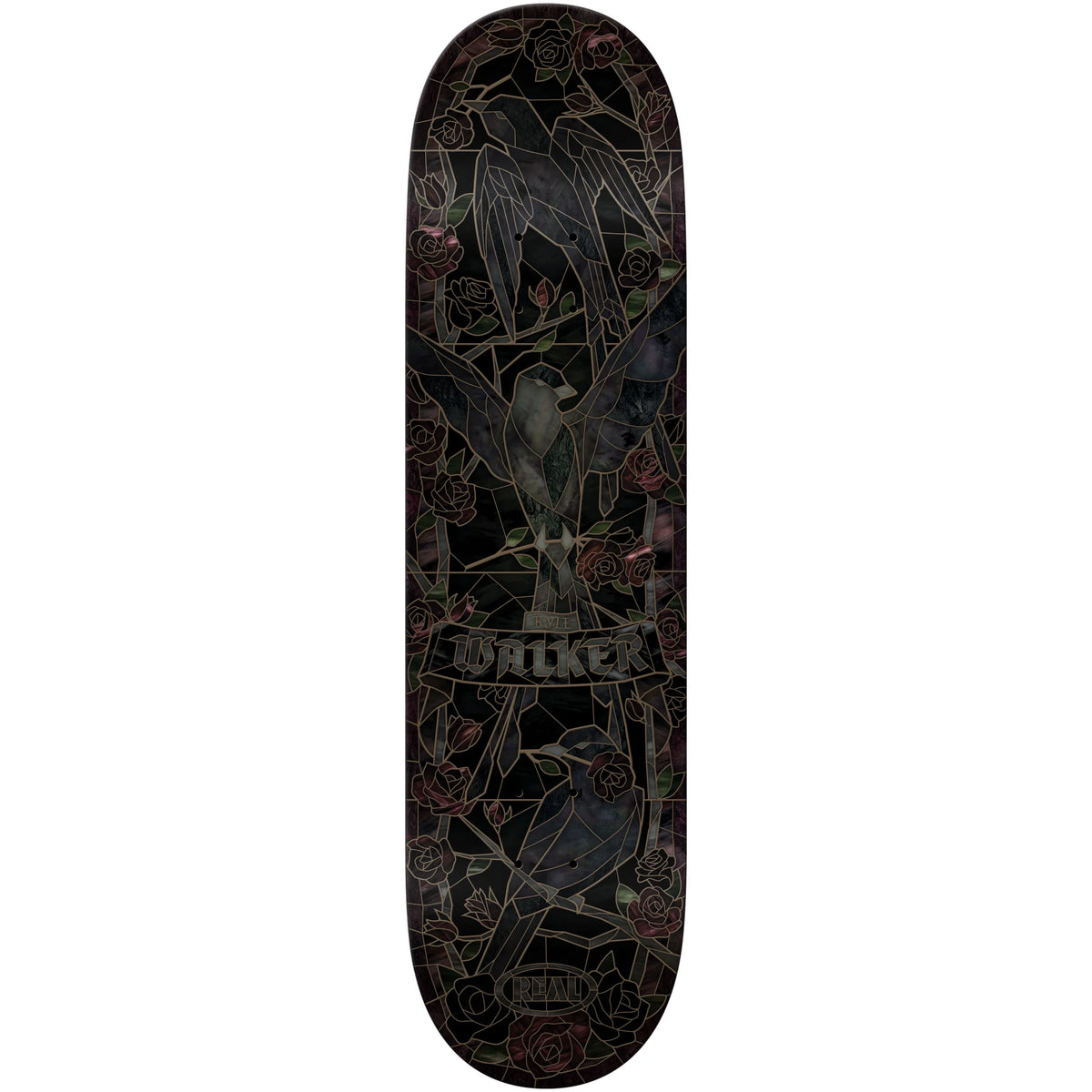 A skateboard deck with a black background featuring a detailed graphic design of birds and roses in muted red, green, and gray tones, with the brand name 'walker' visible in the center.