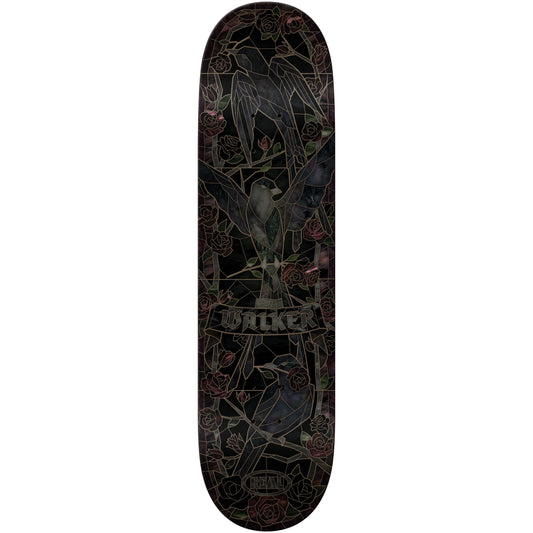 A skateboard deck with a black background featuring a detailed graphic design of birds and roses in muted red, green, and gray tones, with the brand name 'walker' visible in the center.