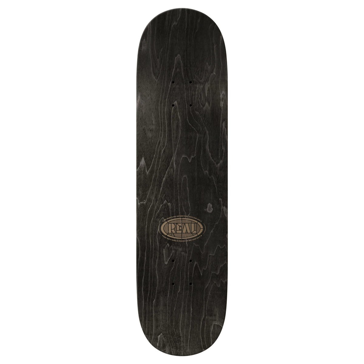 A dark wood skateboard deck with a black finish and prominent grain, featuring a circular 'REAL' brand logo in the center, shown against a plain white background.