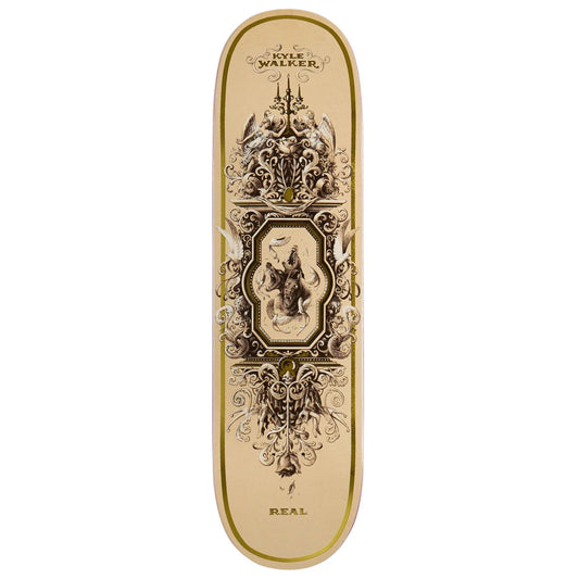 A skateboard deck featuring an ornate, symmetrical baroque-style illustration in black and gold on a light beige background. The design includes a central framed figure, decorative scrollwork, and the text 'KYLE WALKER' at the top and 'REAL' at the bottom.