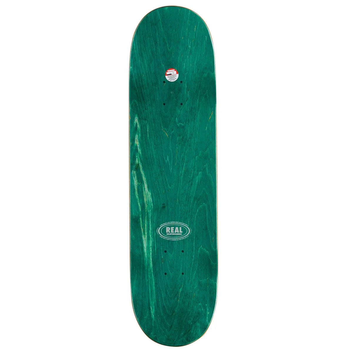 A green skateboard deck with a natural wood grain pattern, featuring a white oval 'REAL' brand logo in the center and a small sticker near the nose, shown against a plain white background.