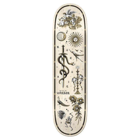 Skateboard deck with decorative design featuring symbols and text on a white background