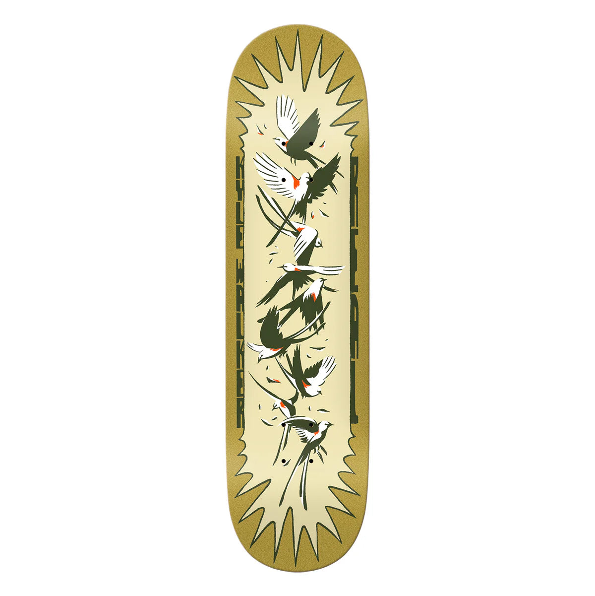 Skateboard deck with bird and bamboo design on a beige background