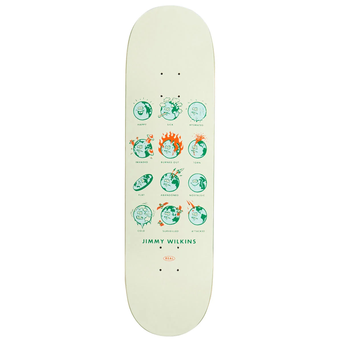 Jimmy Wilkins skateboard deck featuring a pale cream background with green circular graphics and small orange flame accents, shown against a plain white background.